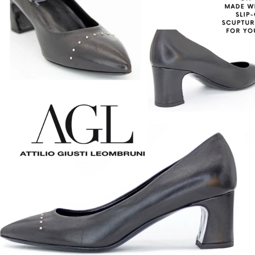 AGL Italy Black Leather Pointed Toe Block Heel Pumps 38.5